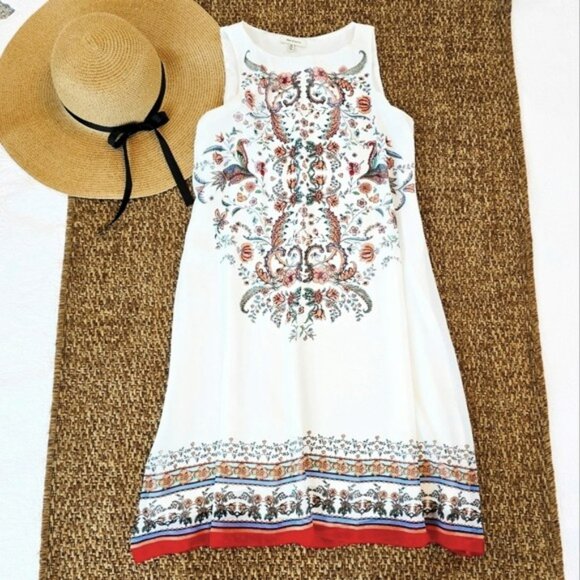 Max Studio Women's Mini Dress Size XS Relaxed Sheath White Colorful Bohemian - Picture 1 of 14